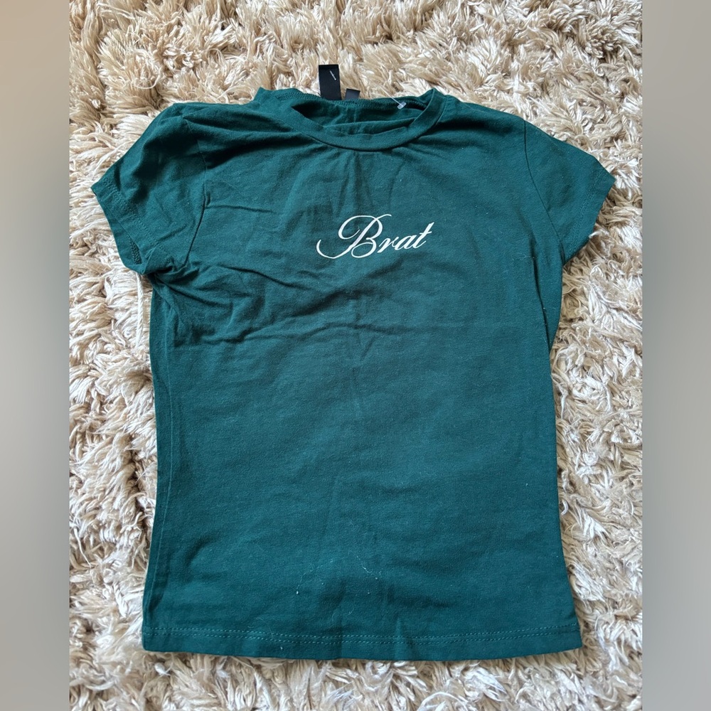 Women's Dark Green 'Brat' Script Short Sleeve Tee